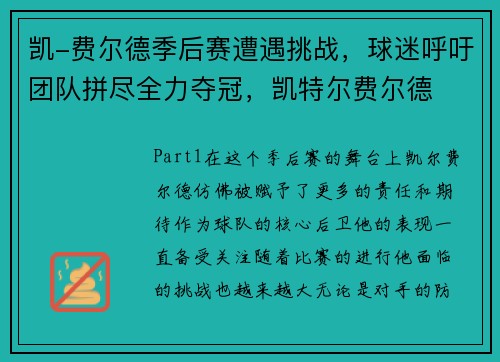 凯-费尔德季后赛遭遇挑战，球迷呼吁团队拼尽全力夺冠，凯特尔费尔德